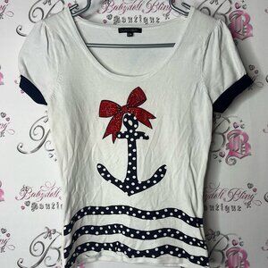 Leo guy tshirt sailor rhinestone White Tee with Black Anchor and Red Bow